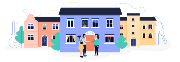 Old homepage logo of tenant and agent shaking hands in front of a house