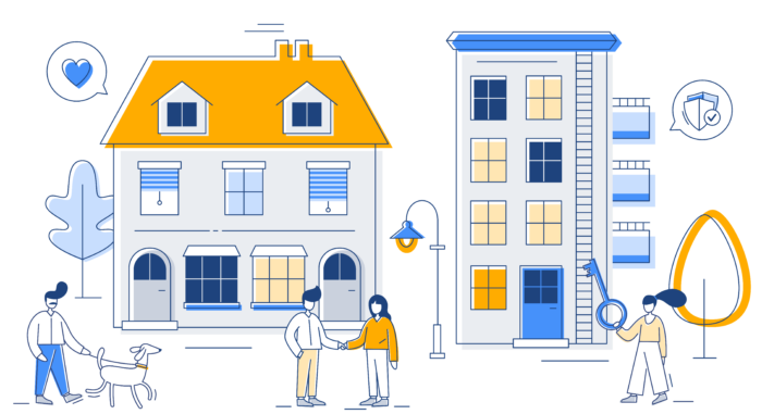 New Homepage Illustration Animation with tenant and agent shaking hands in front of their new home